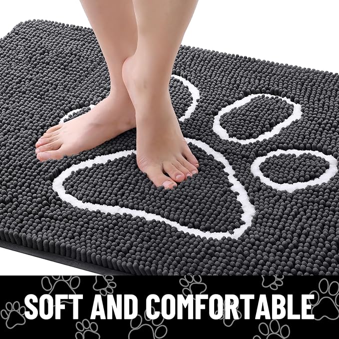 Smiry Dog Door Mat for Muddy Paws, Absorbent Dirt Trapper Non Slip Quick Dry Washable Chenille Mat for Mud Dogs, Entry Rug for Indoor and Outdoor (40x24 Inches, Dark Grey and White)