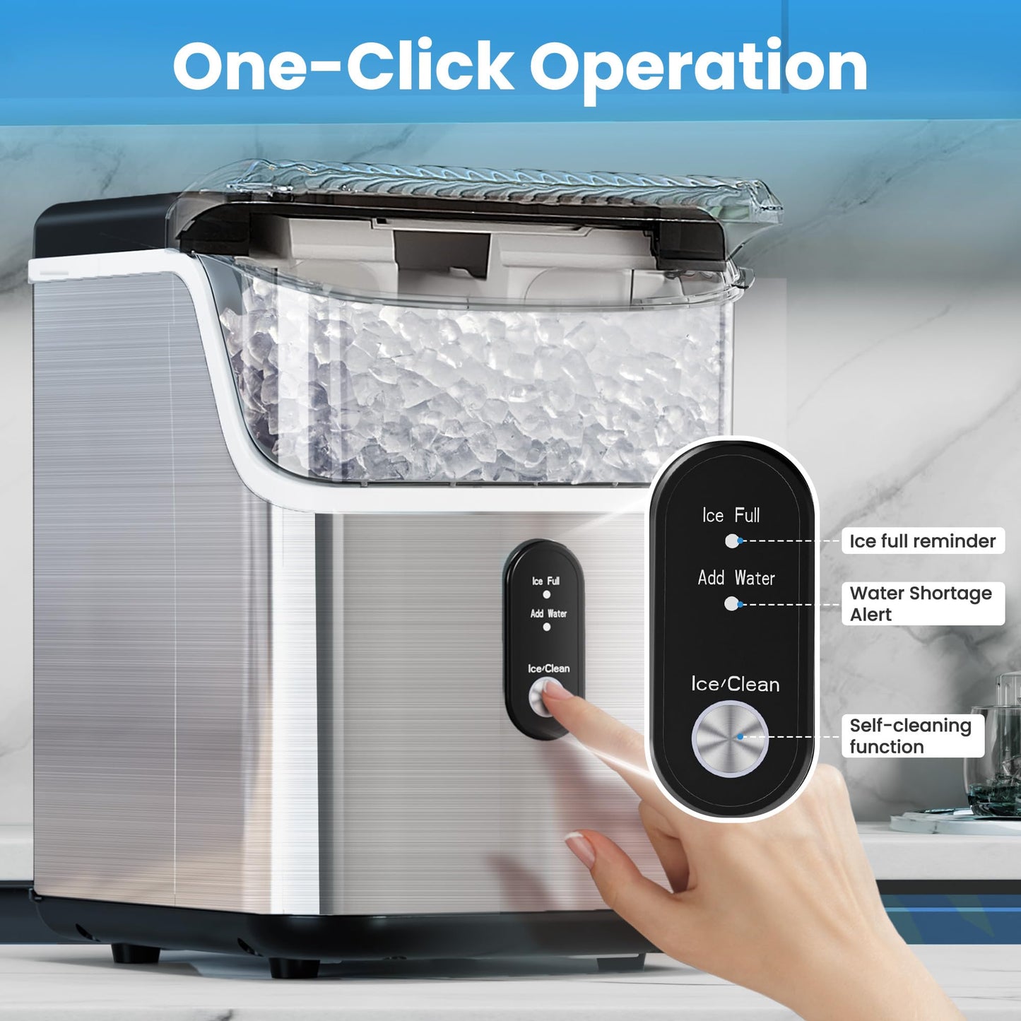 Electactic Nugget Ice Maker Countertop with Handle, 34lbs/24H, Portable Pellet Ice Machine, Soft Chewable Ice, Self-Cleaning, One-Touch Operation for Home, Party, Office, Gift Idea (Black)