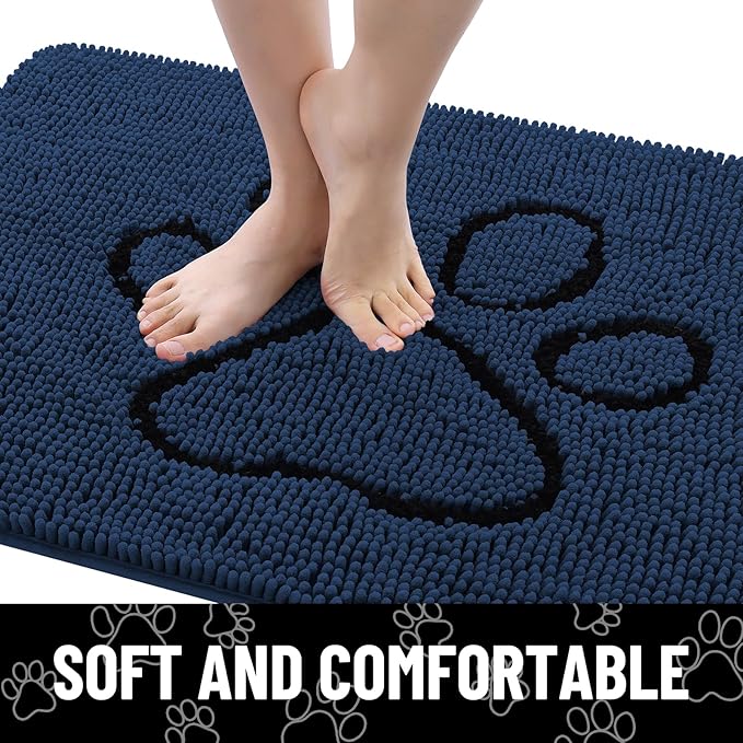 Smiry Dog Door Mat for Muddy Paws, Absorbent Dirt Trapper Non Slip Quick Dry Washable Chenille Mat for Mud Dogs, Entry Rug for Indoor and Outdoor (36x24 Inches, Dark Blue and Black)