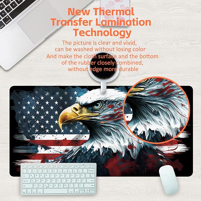 Desk Mat, Bald Eagle American Flag Desk Pad, USA Flag Large Gaming Mouse Pad for Desk, 31.5"x15.7" Extended Big Computer Keyboard Mouse Pad with Non-Slip Base and Stitched Edge