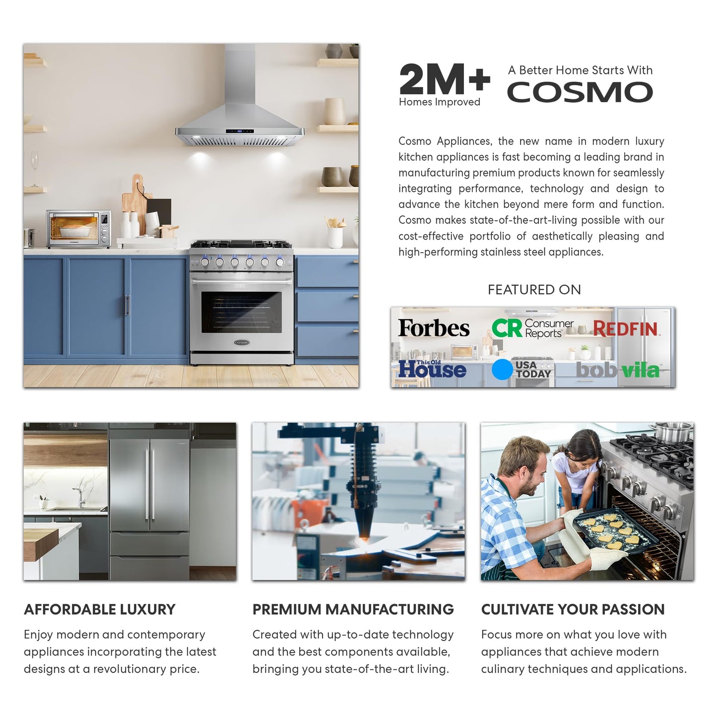 COSMO COS-668WRCS75 30 in. Vista Collection 380 CFM Ducted Wall Mount Range Hood, Touch Controls, LED Lights, Stainless Steel