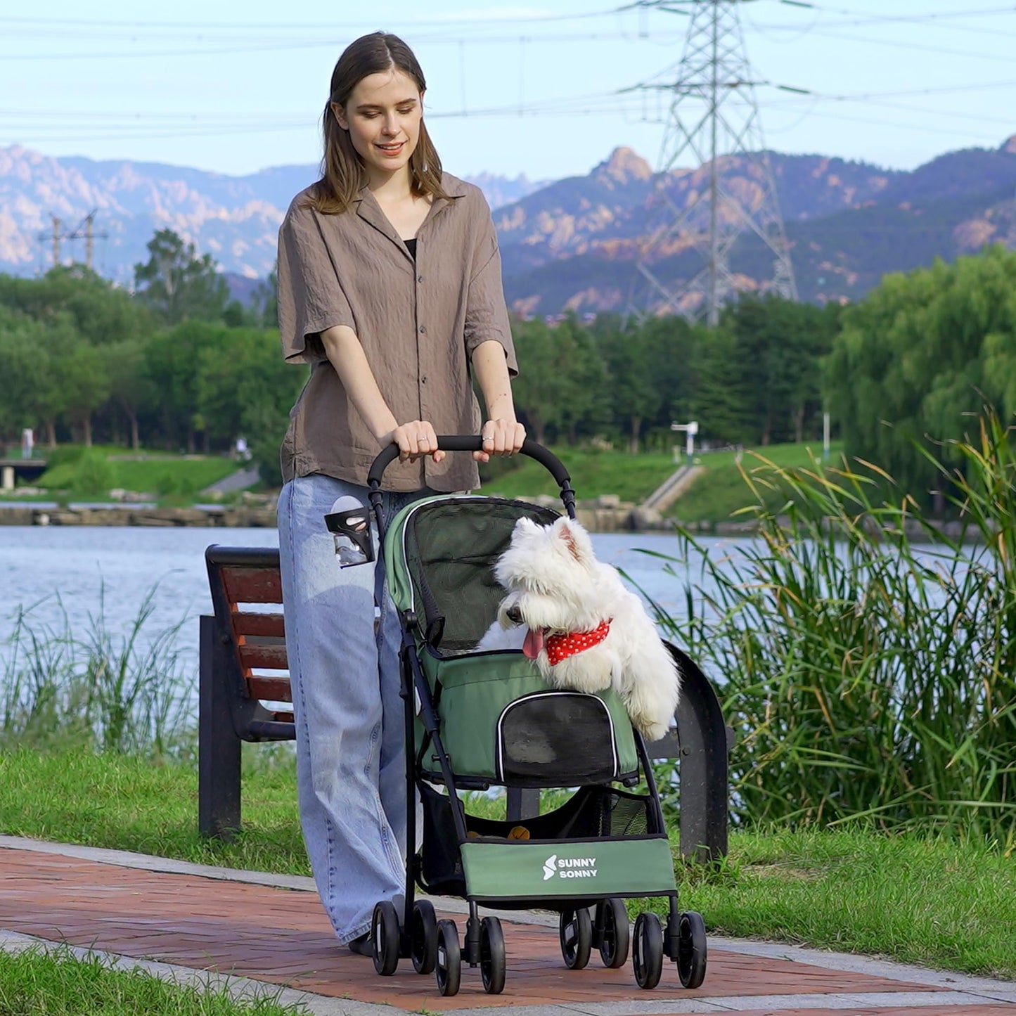 Sunny Sonny Foldable Jogger Pet Stroller with Weather Cover Storage Basket Pet Travel Carrier for S/M Dogs Cats up to 33lbs (Green)