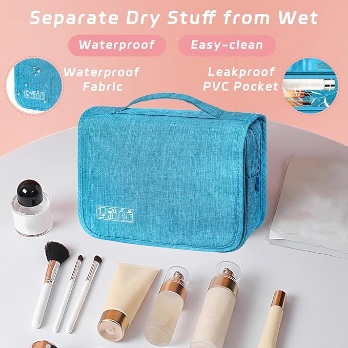 Toiletry Bag Travel Bag with Hanging Hook, Waterproof Capacity Hanging Multifunctional Makeup Bag for Toiletries, Portable Cosmetic Bag Travel Organizer for Women and Men(Sky Blue)