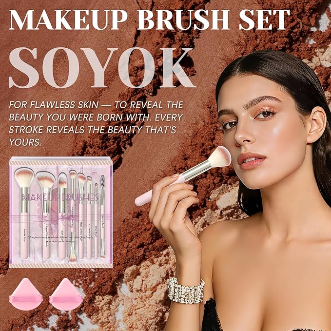 SOYOK Makeup Brush Set, Premium Synthetic Makeup Brushes with 2 Puffs, 8 Pcs Make up Brushes for Powder Concealers Eye Shadows Blush, Brush Kit with Gift Box for Beginners Professional Travel (Pink)