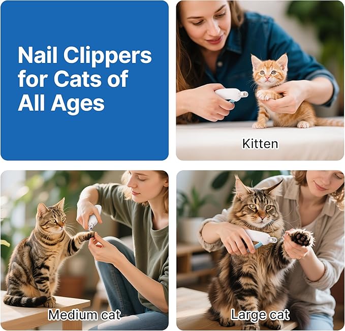 Potaroma Cat Nail Clipper with Adjustable 3-Size Trimming Hole & Hidden Nail File | Safe Toenail Trimmer for Kittens & Indoor Cats | Anti-Splash Claw Cutter for Grooming (Blue)