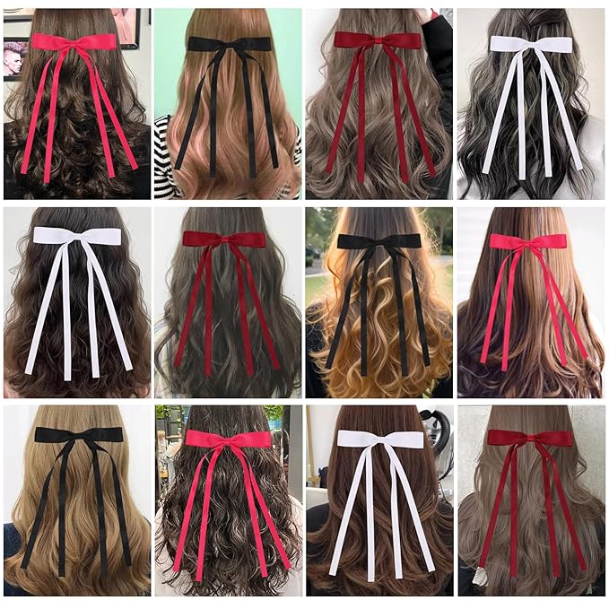 Hair Bows Clips Coquette Ribbon Bowknot with Long Tail Princess Hair Bows French Barrettes Hair Accessories for Women Girls 16PCS (Wine Red, Rose red, White, Black)