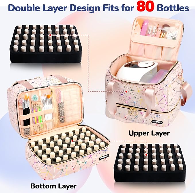 Nail Polish Organizer Holds 80 Bottles (15ml/0.5 fl.oz)& Nail Lamp, PU Leather Nail Organizers and Storage Bag with Shoulder Strap, Portable Nail Supplies Kit Organizer Carrying Case (Pink)