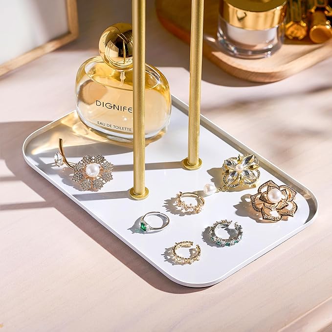 pickpiff Necklace Holder Jewelry Organizer Stand Ã¢ÂÂ 2Ã¢ÂÂTier TÃ¢ÂÂBar Jewelry Display Tree with Tray for Countertop Necklace Bracelet Earring Storage, Vanity Dresser Bathroom Sink, Gold