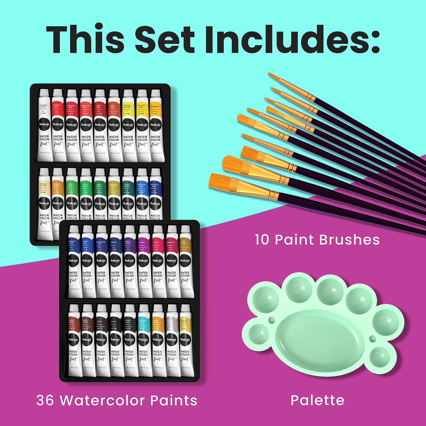 Chalkola Watercolor Paint Set for Adults & Professional Artists - 36 Watercolor Tubes Set (12ml, 0.4oz), 10 Painting Brushes & 1 Palette | Vibrant Water Color Art Painting Supplies