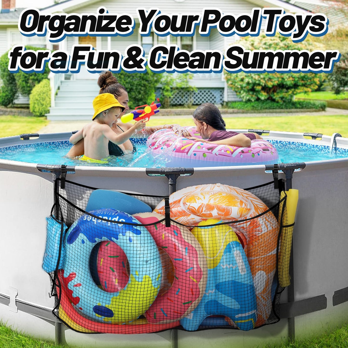 Large Pool Float Toy Storage Net - 59 x11.8x33.5in Durable Mesh Net Organizer for Fence with Straps, Poolside Fence Toys Holder for Inflatable Rafts Pool Noodles Balls Swimming Ring