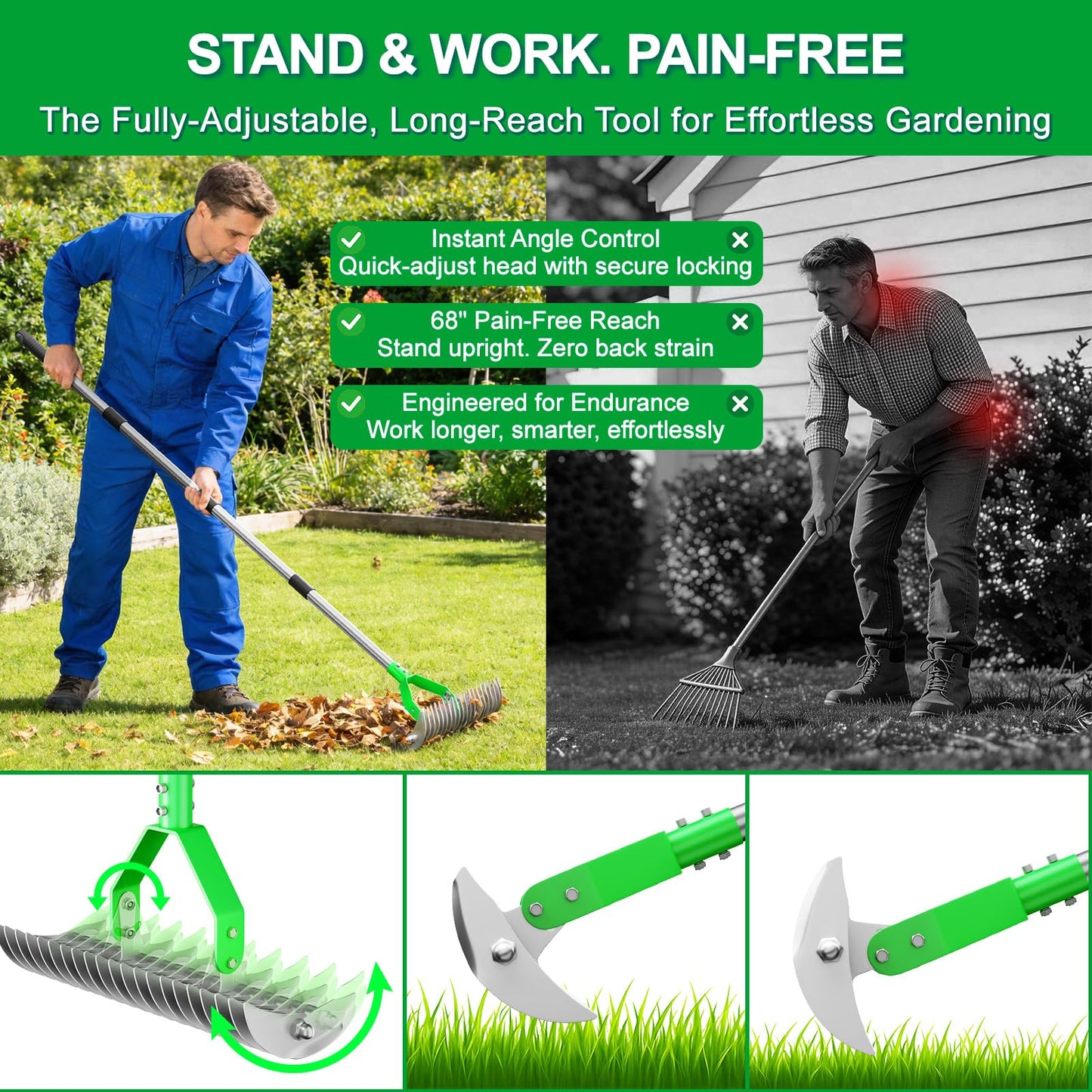 Thatch Rake for Lawn with 68" Adjustable Handle, 15" Heavy Duty Dethatcher Rake for Lawn, Thatching Rake with Dual-Action Tines, Dethatching Rake for Efficiently Removes Dead Grass, Loosens Soil