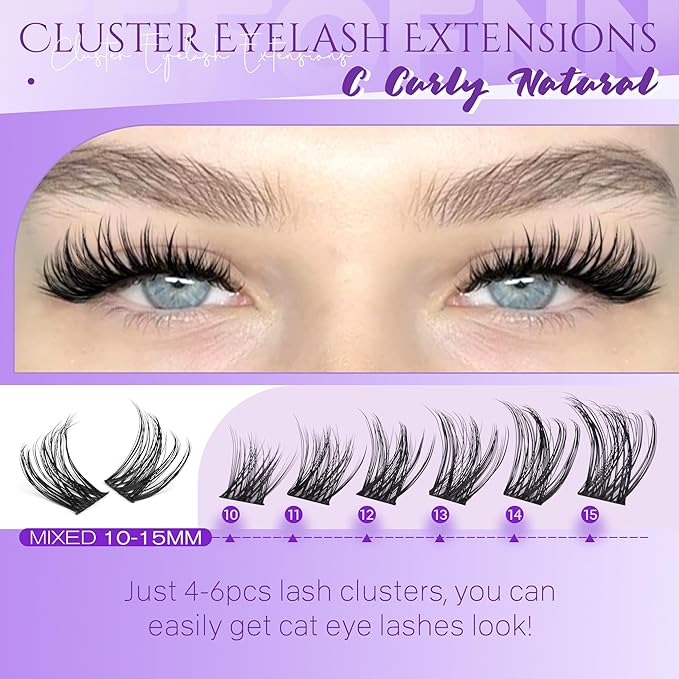 Eefofnn Eyelash Clusters Wispy Cluster Eyelash Extensions Natural Lash Clusters Left+Right Lash Extension CC Curly Individual Lashes 10-15MM Cat Eye Lashes Thin Band Eyelash Extension Easy To Use