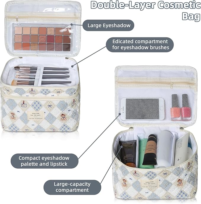 Makeup Bag, Portable Travel Make up Bag, Large Capacity Quilted Cosmetic Organizer Bag, Cute Floral Toiletry Bag for Women Girls (Bear Pattern)