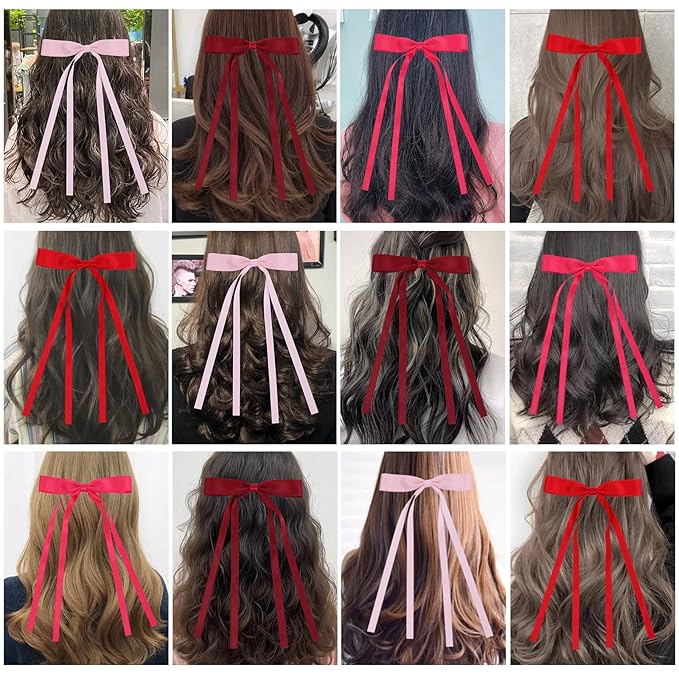 Hair Bows Clips Coquette Ribbon Bowknot with Long Tail Princess Hair Bows French Barrettes Hair Accessories for Women Girls 16PCS (Red, Rose red, Wine red, Pink)