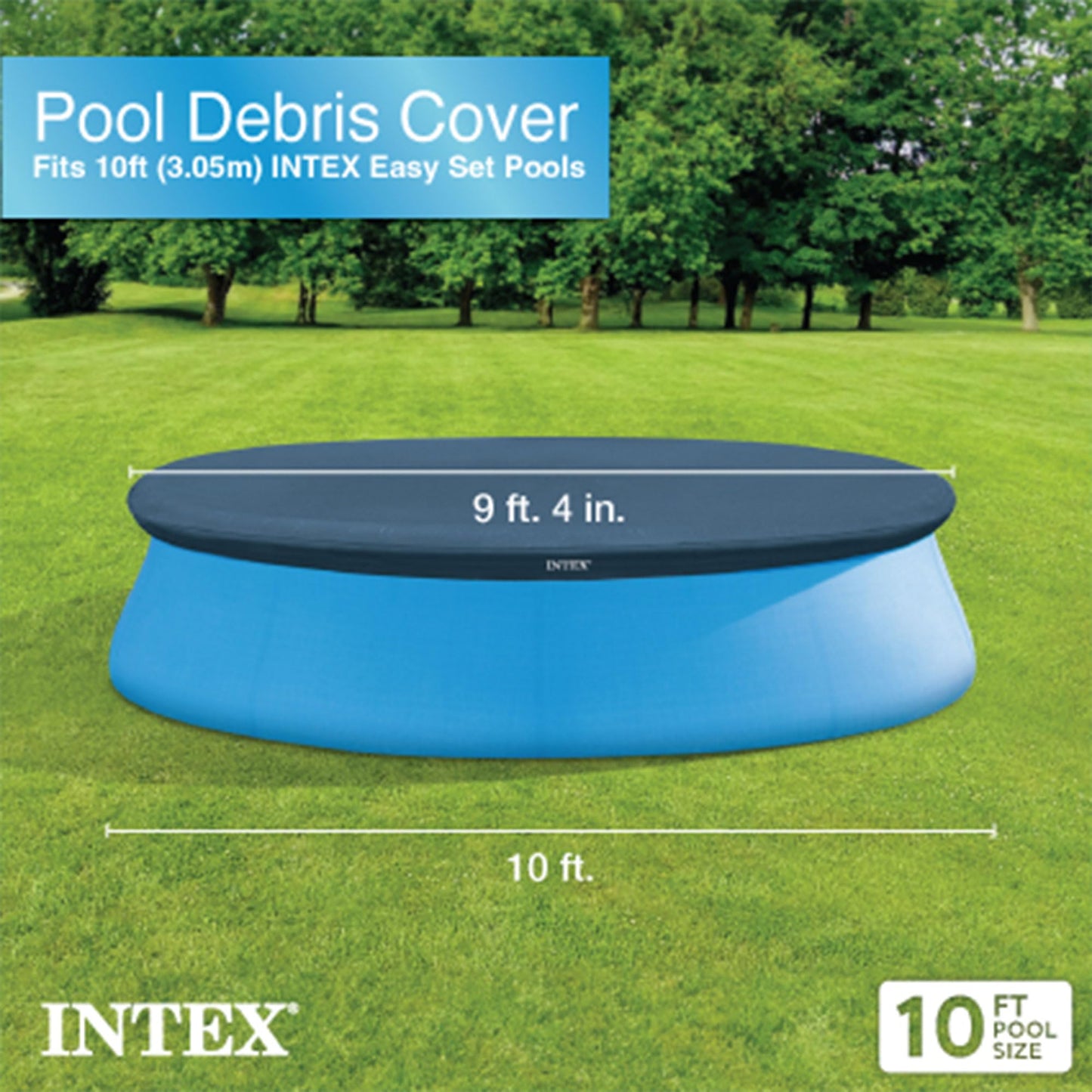 INTEX 28021E Pool Cover: For 10ft Round Easy Set Pools – Includes Rope Tie – Drain Holes – 12in Overhang – Snug Fit
