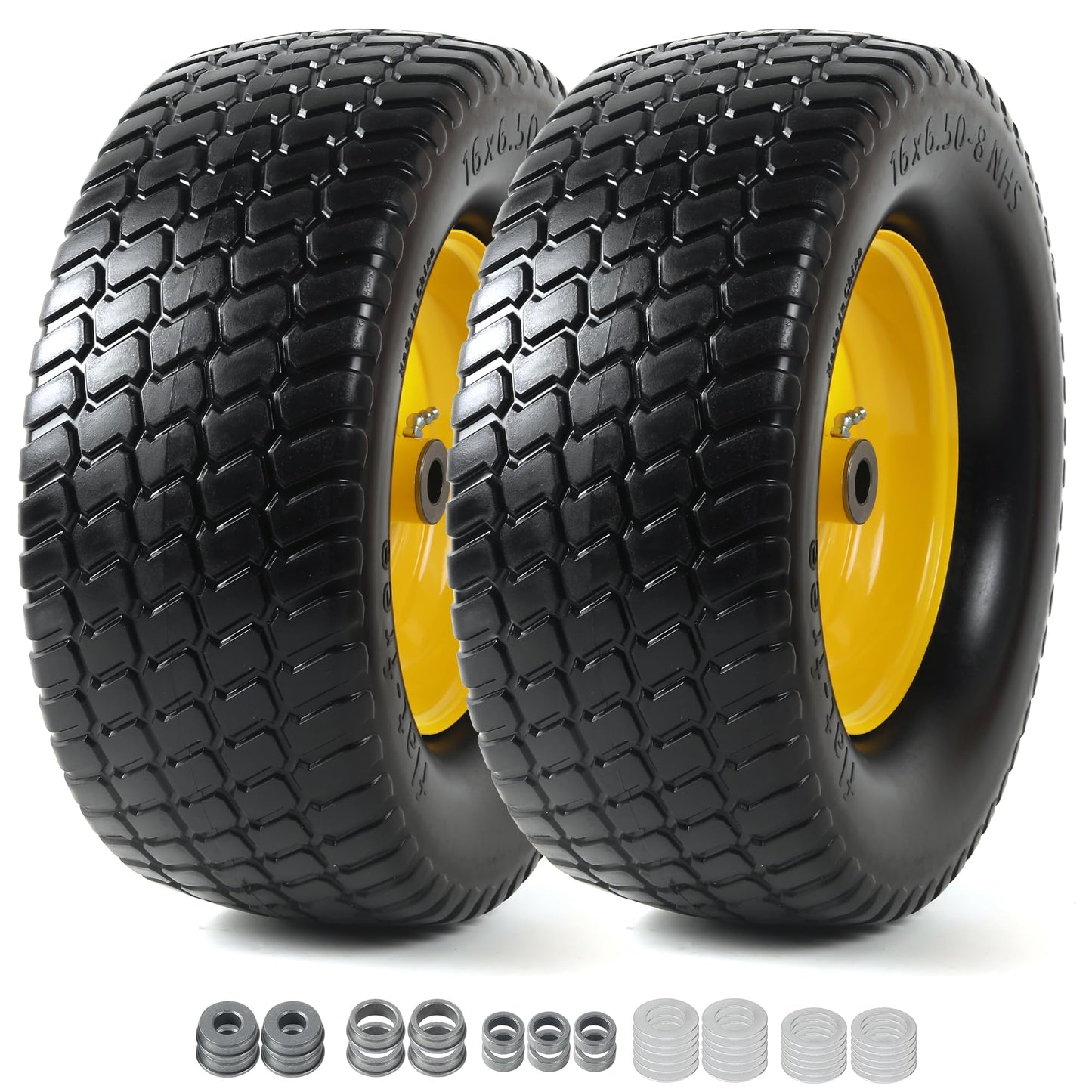 AR-PRO 2-Pack 16x6.50-8 Flat-Free Tire and Wheel Assembly - Solid Lawn Mower Tire with 3"-5" Centered Hub & 3/4" Bushings - Perfect for Riding Mower Garden Tractors & Yard Equipment