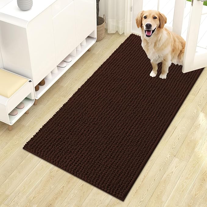 OLANLY Dog Door Mat for Muddy Paws 44x24, Ultra Absorbent Chenille Mud Doormat, Non-Slip Washable and Dirt Trapping Doormat for Indoor Entryway, Quick-Dry Indoor Pet Bed Mats for Dogs, Brown