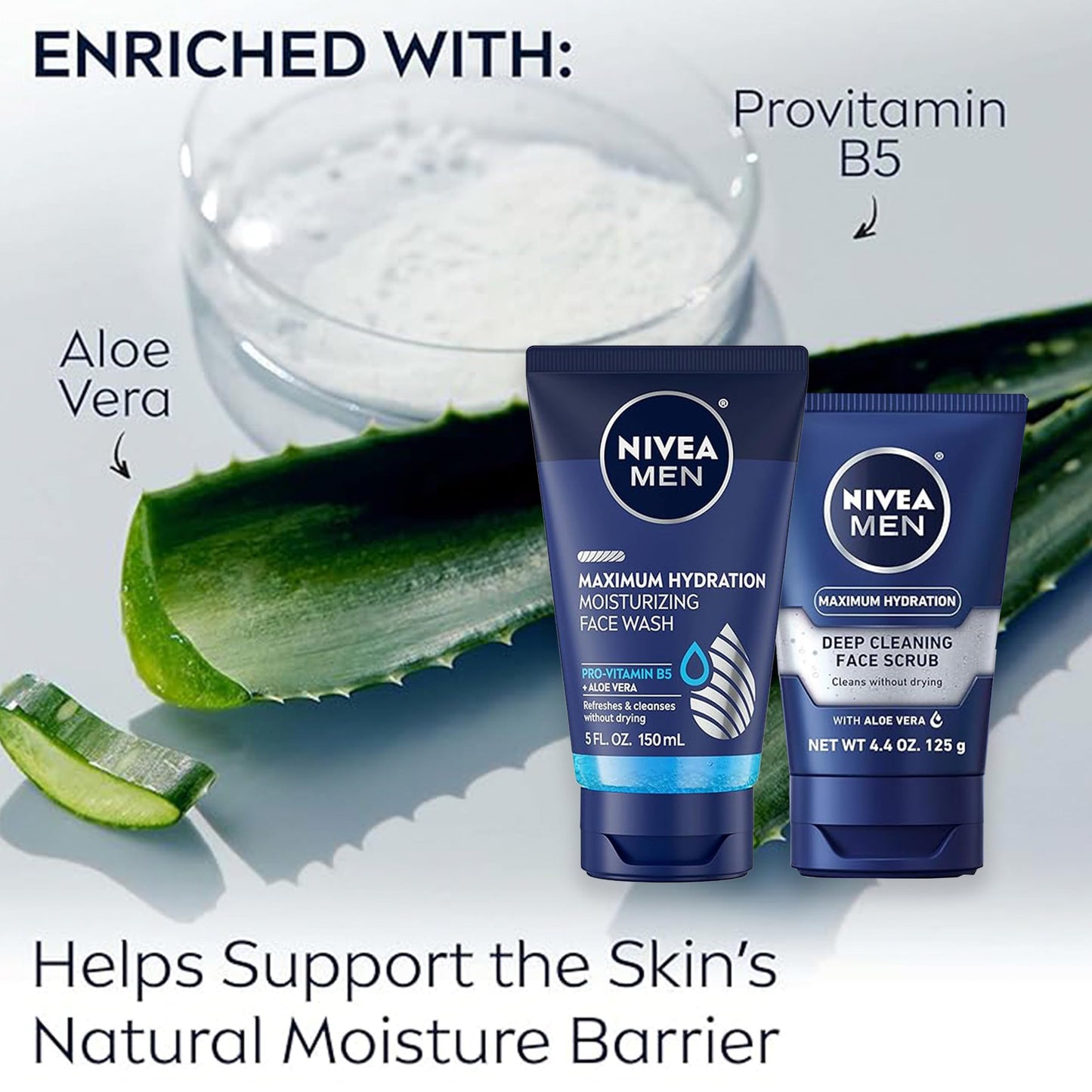 NIVEA MEN Maximum Hydration Moisturizing Face Wash (5 Fl Oz) + Maximum Hydration Deep Cleaning Face Scrub (3 x 4.4 Oz), Skin Care Set for Men with Aloe Vera