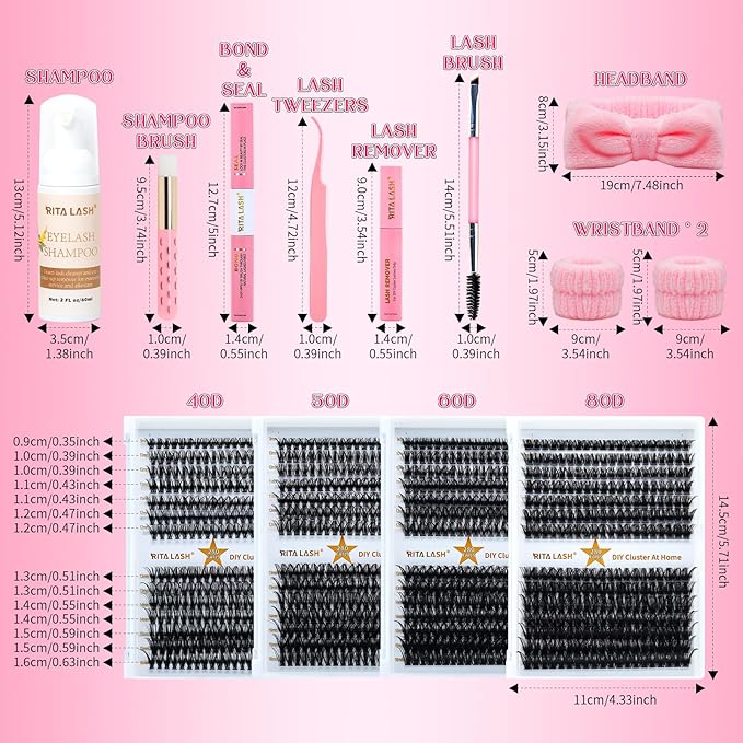 Lash Clusters Kit Eyelash Clusters Kit Cluster Eyelash Extensions Large Pack Lashes Clusters Lash Extension Kit PestaÃÂ±as Postizas Naturales+Lash Bond&Seal,Remover,Tweezers,Cleanser,Tools(Lash Kit-10)