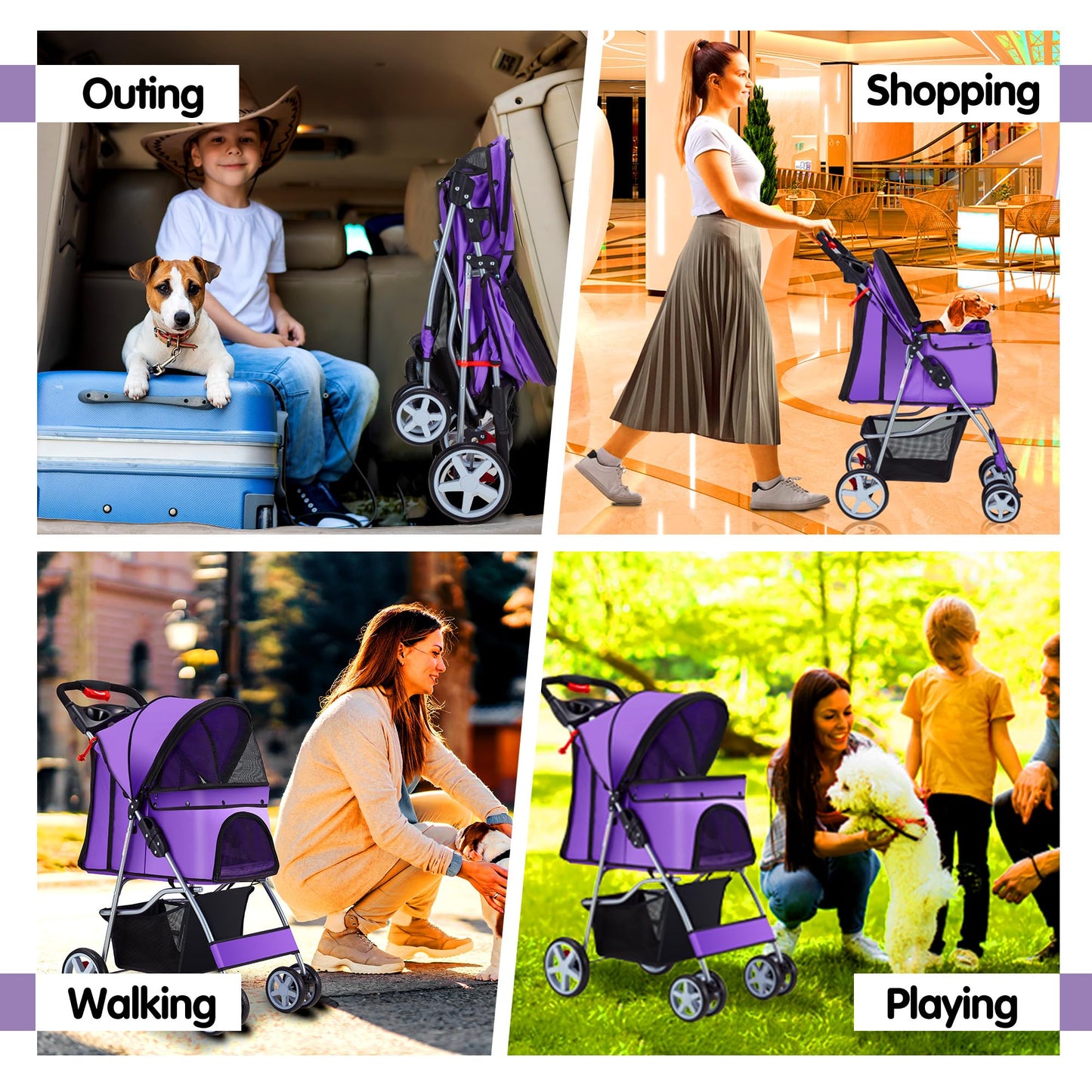 Azaeahom Pet Stroller, 4 Wheels Pet Strolling Cart for Medium/Small Dogs and Cats, Foldable Cat Jogger/Dog Stroller with Cup Holder, Storage Basket, Breathable Mesh, All-Season Pet Carrier, Purple