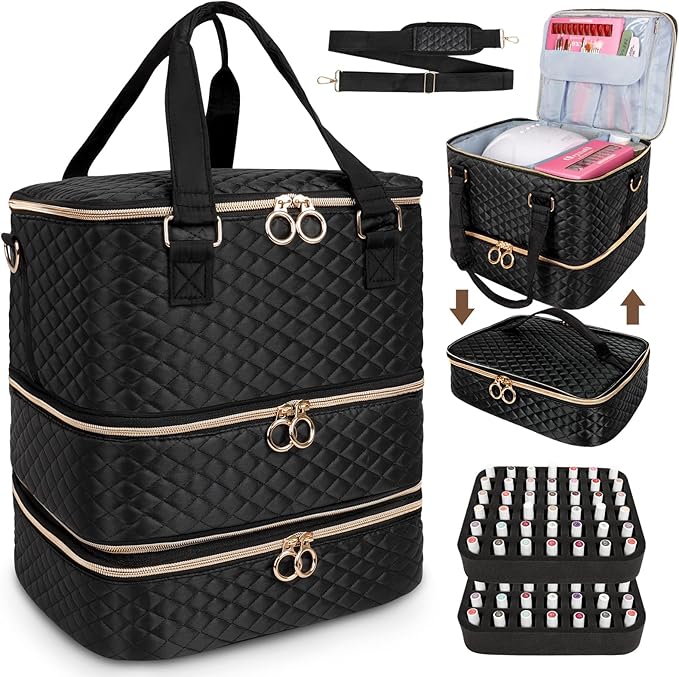 Nail Polish Organizer Bag, 3 Layers Nail Kit Organizers and Storage Case Holds 84 Bottles(15ml/0.5fl.oz)& Nail Lamp, Large Shoulder Bag Travel Carrying Case Box for Nail Supplies