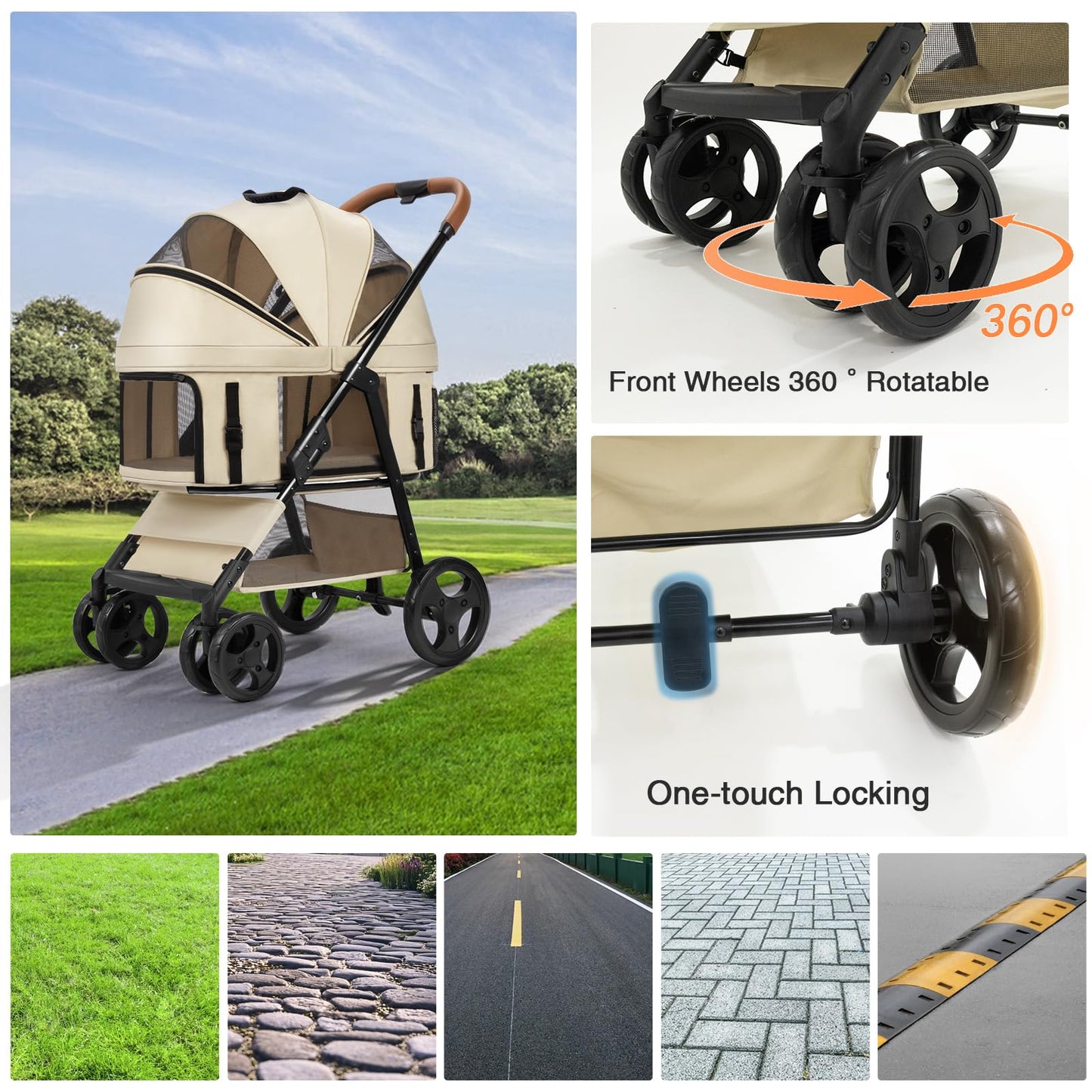 4 Wheels Pet Stroller for Small/Medium Dogs and Cats,Dog Stroller with Detachable Carrier and Storage Basket,One Click Folding,Compact Portable,Up to 50lbs,3 in1 Multifunctional(Grey)