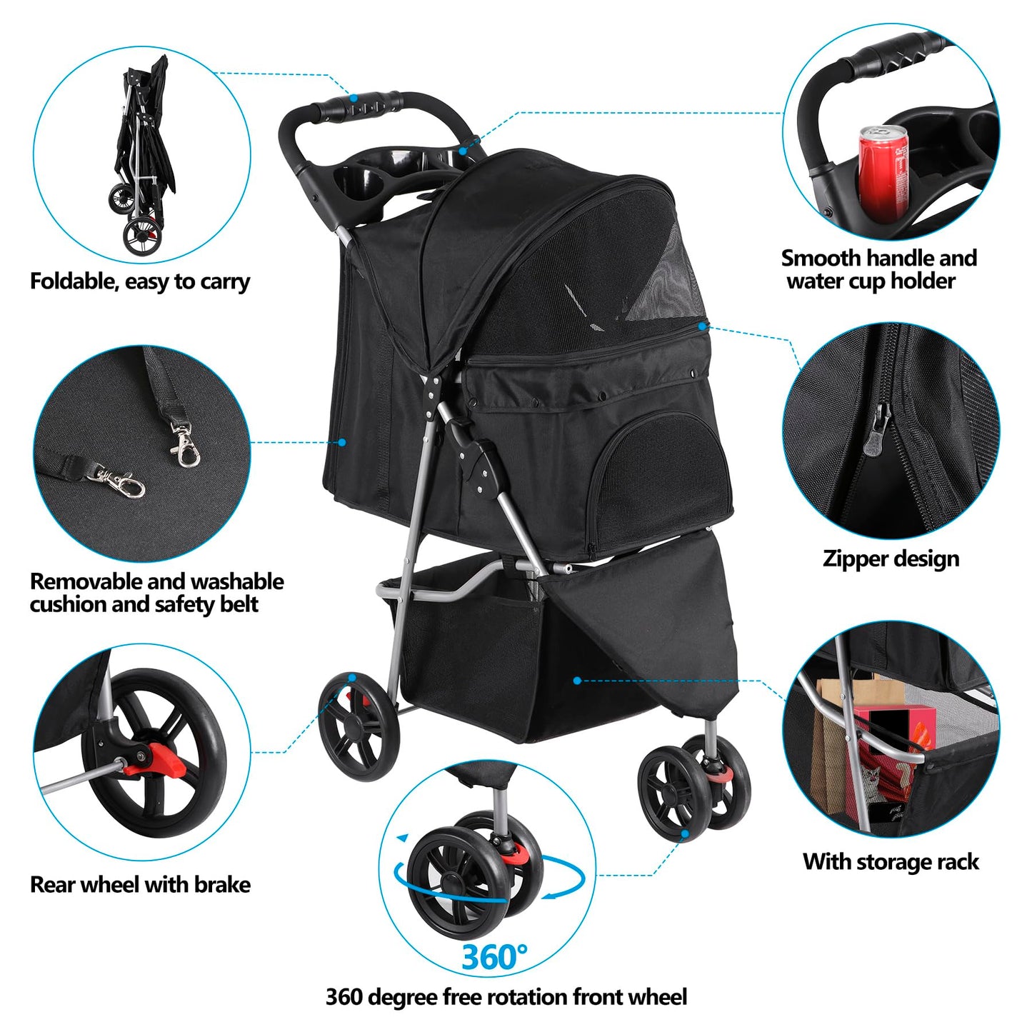 Foldable Pet Stroller for Cats and Dogs 3 Wheels Carrier Strolling Cart with Weather Cover, Storage Basket + Cup Holder (Black)