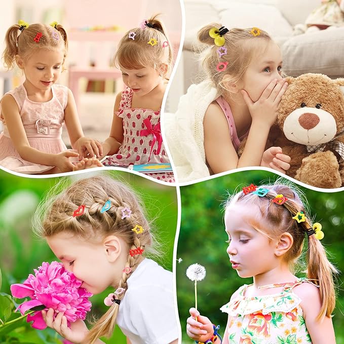 60 Pcs Self Hinge Hair Barrettes Set with Assorted Ball, Bubble, and Ponytail Holder Hair Accessories for Girls - Plastic Hair Clips and Elastic Hair Ties for Toddlers