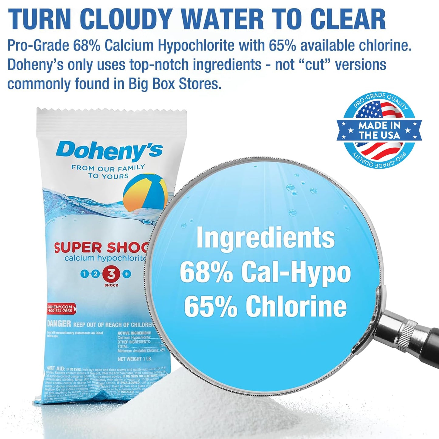 Doheny's Super Pool Shock | Pro-Grade Chlorine Shock, Quick-Dissolving, Fast-Acting 68% Cal-Hypo Granular Pool Shock | 24 x 1lb Bags, Proudly Made in the USA