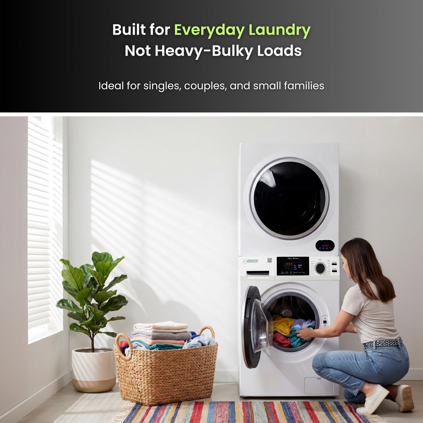 Equator Premium Stackable 15 Lbs Washer 1.62cf 110V+Vented Digi Dryer 3.5cf 110V in White