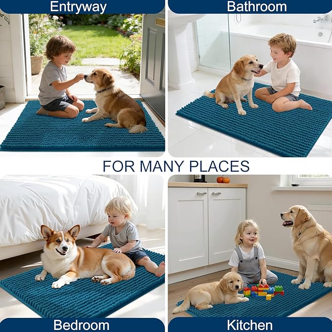 OLANLY Dog Door Mat for Muddy Paws 59x20, Ultra Absorbent Chenille Mud Doormat, Non-Slip Washable and Dirt Trapping Doormat for Indoor Entryway, Quick-Dry Indoor Pet Bed Mats for Dogs, Atlantic Blue