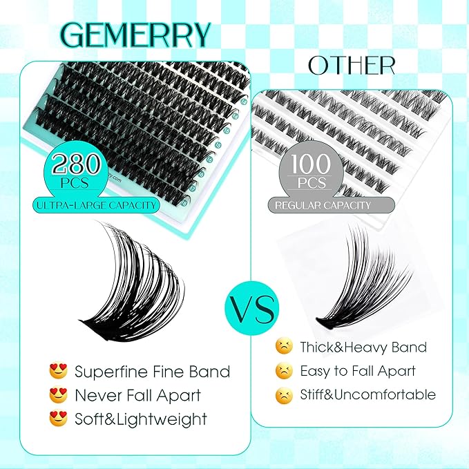 Lash Clusters Fluffy Cluster Lashes Extensions Thick 280pcs D Curl Eyelash Clusters DIY At Home Individual Lashes Extension by GEMERRY（60P-10-18mm)