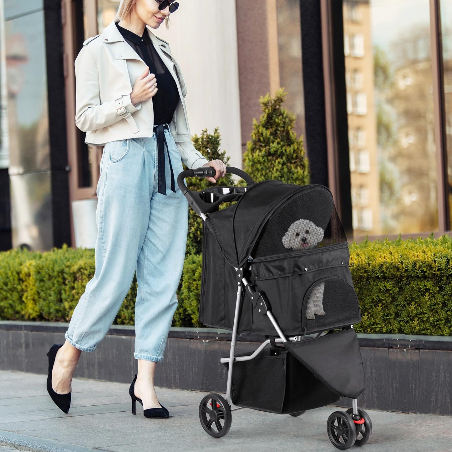 LEMY 3 Wheels Pet Dog Cat Stroller for Small Medium Dogs Cats,Black Foldable Jogger Travel Puppy with Detachable Carrier
