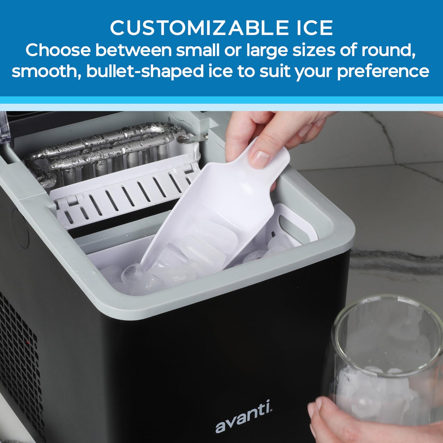 Avanti Ice Maker Mighty Ice Countertop Design Makes 26 Pounds of Bullet-Shaped Ice Cubes in 24 Hours, Digital Touch Controls and Self Cleaning Function, Includes Scoop, Black