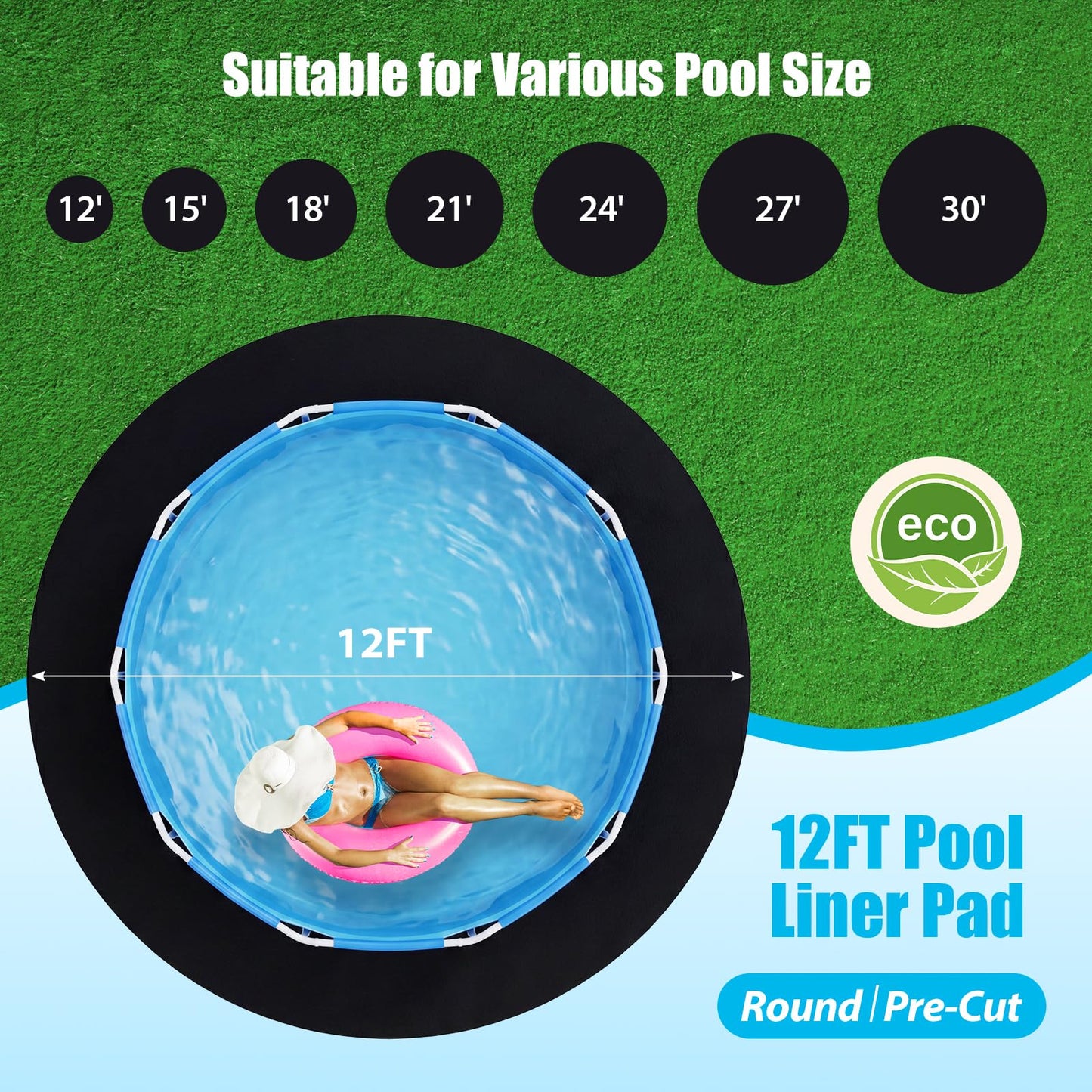 Winnergo 12 FT Round Pool Liner Pad for Above Ground Pools, Durable Pool Mat with Geotextile Material for Pool Bottom Strong Eco-Friendly Padding Under Pool Pad Protection,Prevents Punctures,Black