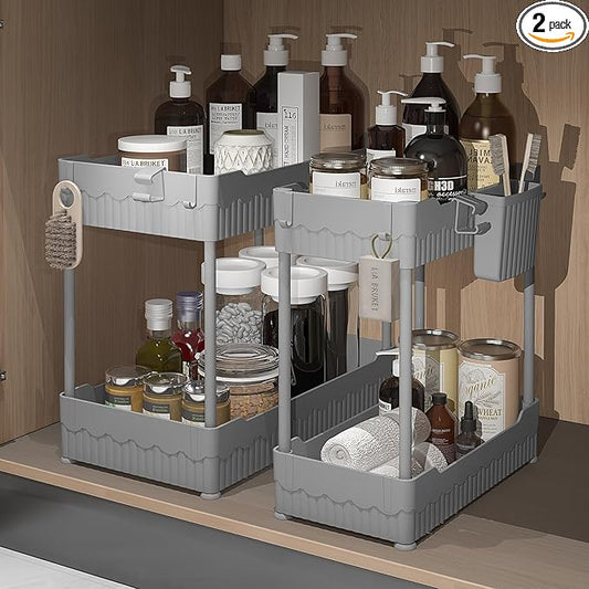 Sevenblue 2 Pack Under Sink Organizer, Under Bathroom Cabinet Organizer with Hooks Hanging Cup, Multi-Purpose Storage Shelf for Kitchen Bathroom (Gray, 14.8 Inch)