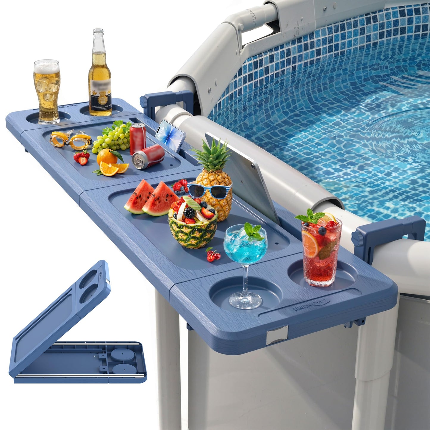 Poolside Bar, 44"×12" Poolside Bar Table with Adjustable Support Bracket Fits Above-ground Pools, Swim Up Bars Capacity Up to 110lbs, Patio Poolside Table Smart Fold ＆Weather Resistant Stable Tabletop