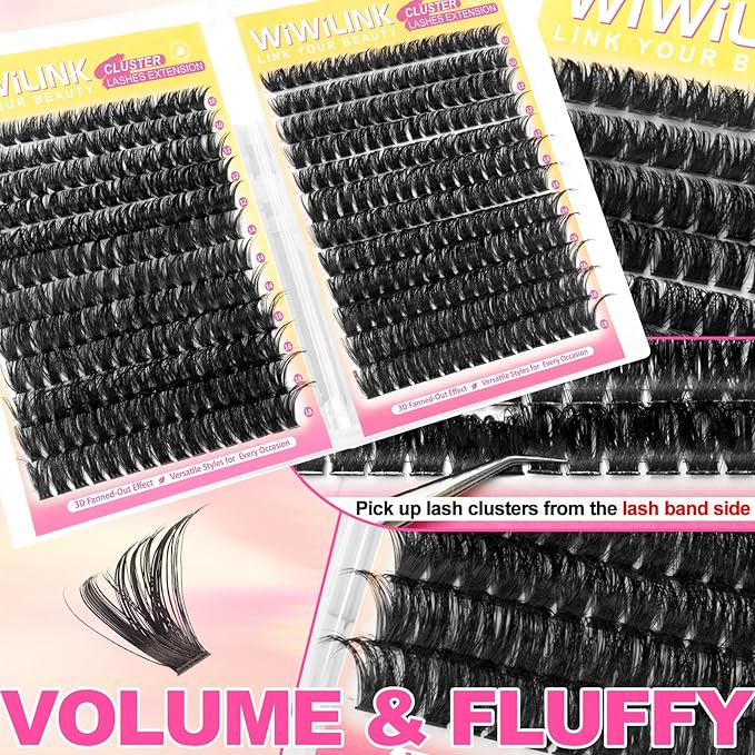 Fluffy Lash Clusters Kit 384Pcs, Wispy Volume (100D/200D) D-Curl Cluster Eyelash Extensions 10-18mm + Bond & Seal Glue + Tweezers - Reusable 15+ Times, Natural to Dramatic Volume