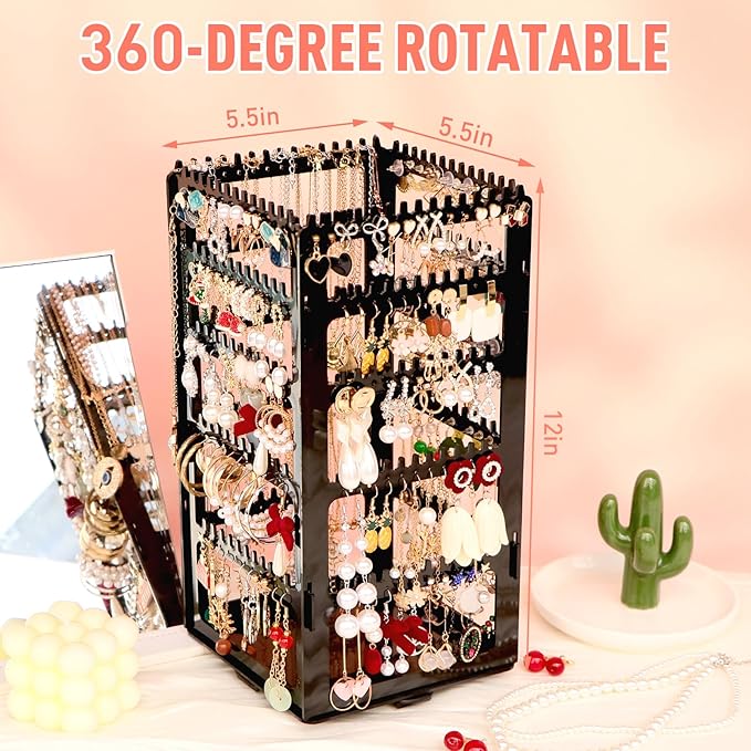 360 Rotating Earring Holder Organizer Stand,5 Tiers Acrylic Jewelry Organizers and Storage,Stud Earring Organizers and Storage,212 Holes and 212 Grooves for Earrings Necklaces chain bracelet