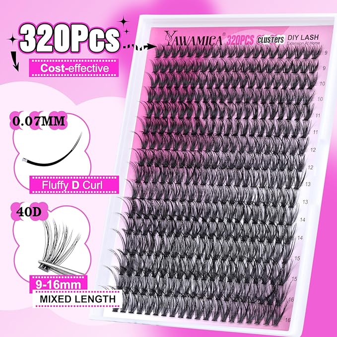 Individual Lashes 320pcs Lash Clusters 40D 9-16mm Mix DIY Lash Extension D Curly Eyelash Clusters Eyelash Extension Wispy Cluster Lashes DIY for Self Application by Yawamica (40D-0.07D, 9-16mix)