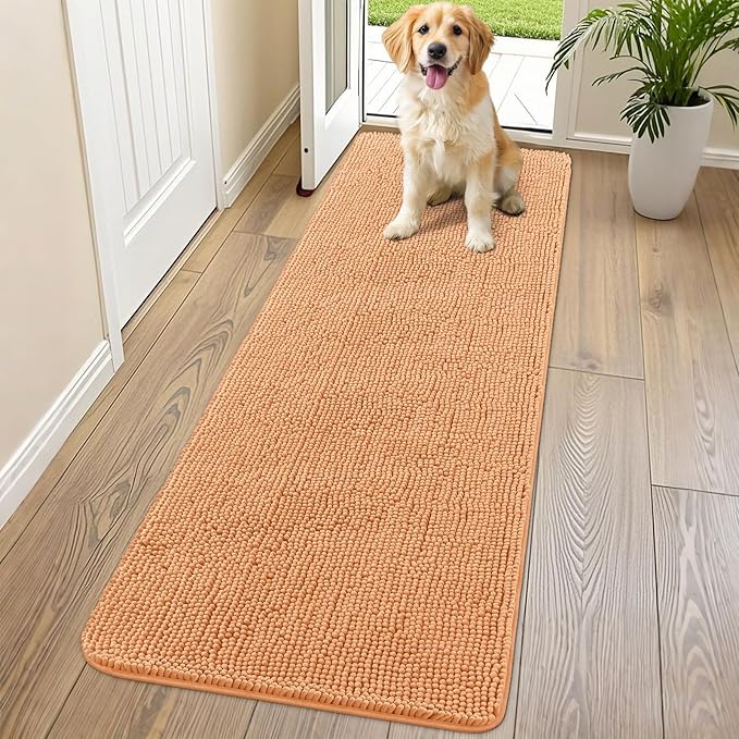 Smiry Dog Door Mat for Muddy Paws 70x24, Absorbs Moisture and Dirt Doormat, Non-Slip Washable Quick Dry Chenille Front Door Mat Indoor Entrance, Entryway Carpet for Inside Floor, Orange