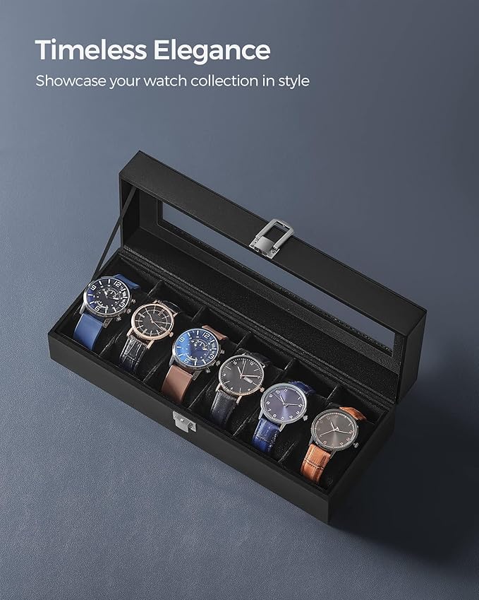 SONGMICS Watch Box, 6-Slot Watch Case Organizer with Large Glass Lid, Removable Pillows, Gift for Loved Ones, Black Synthetic Leather, Black Lining UJWB06B01