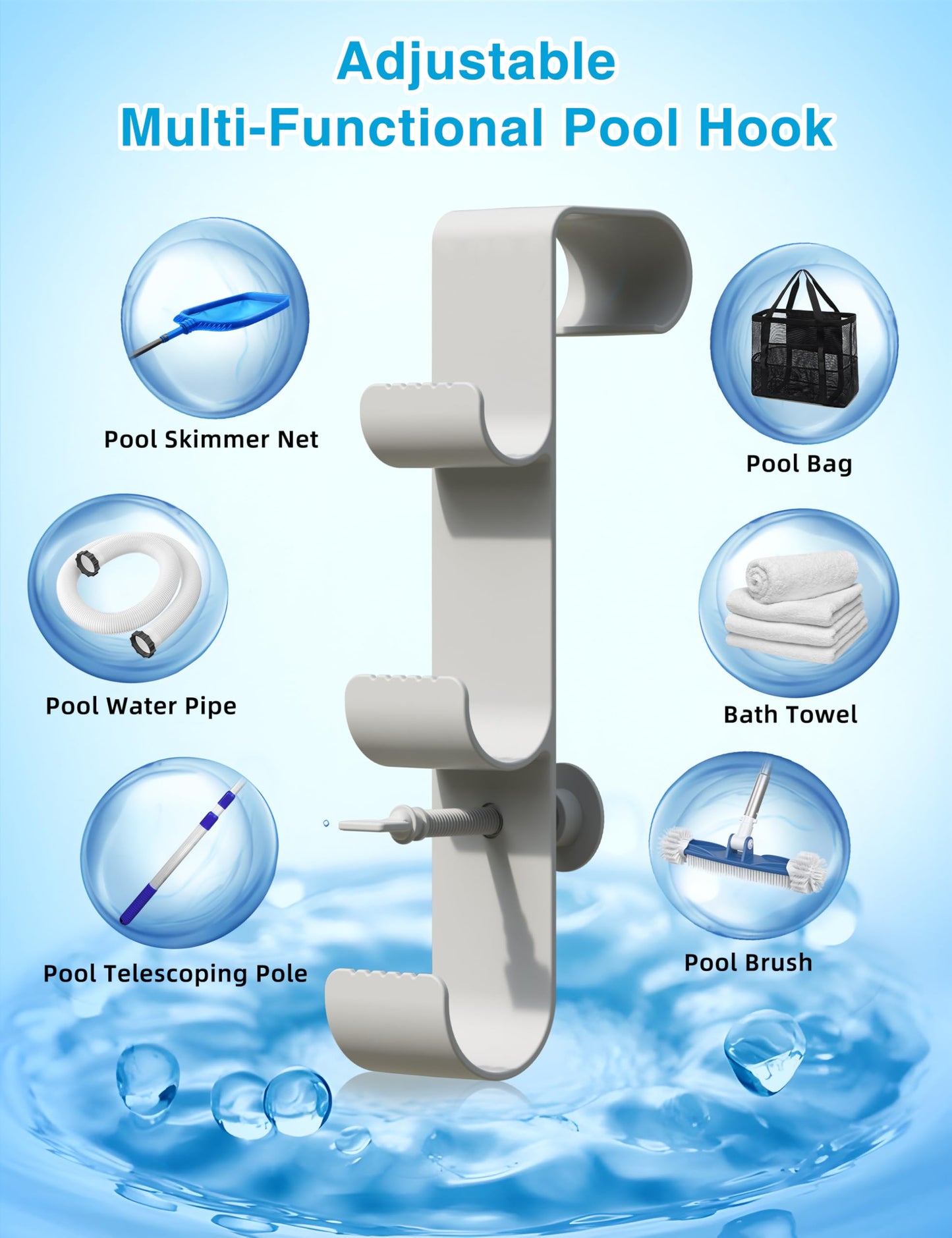 POOLHOUR Pool Hooks for Poles - Adjustable 3-Hook Pool Pole Hanger for Above Ground Pool Accessories,Skimmer & Cleaning Tool Bracket for Above Ground Pool Maintenance[Patented]
