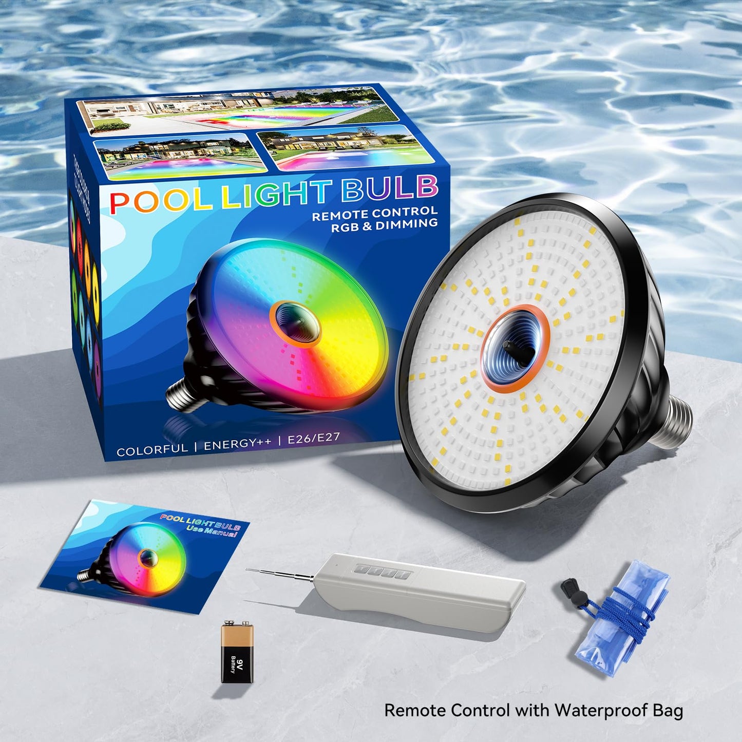 2025 Upgraded Pool Light Bulb, 120V 90W Color LED Pool Lights for Inground Pools, RGB Color-Changing & Remote Control, Enhanced Signal Coverage, E26/E27 Replacement for Pentair & Hayward, Matte Black
