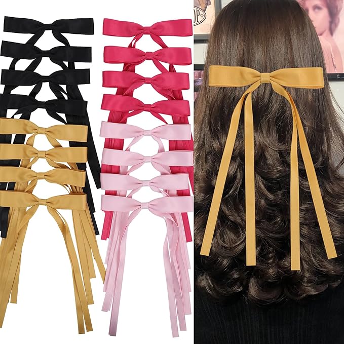 Hair Bows Clips Coquette Ribbon Bowknot with Long Tail Princess Hair Bows French Barrettes Hair Accessories for Women Girls 16PCS (Rose red, Pink, Yellow, Black)
