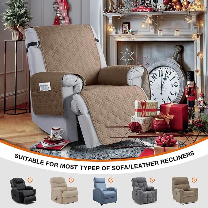 VANSOFY 100% Waterproof Recliner Chair Covers, Recliner Cover Non-Slip Dog Chair Cover Furniture Protector Washable Slipcover with Pocket, Elastic Straps for Pets, Dogs(Light Brown, 22")