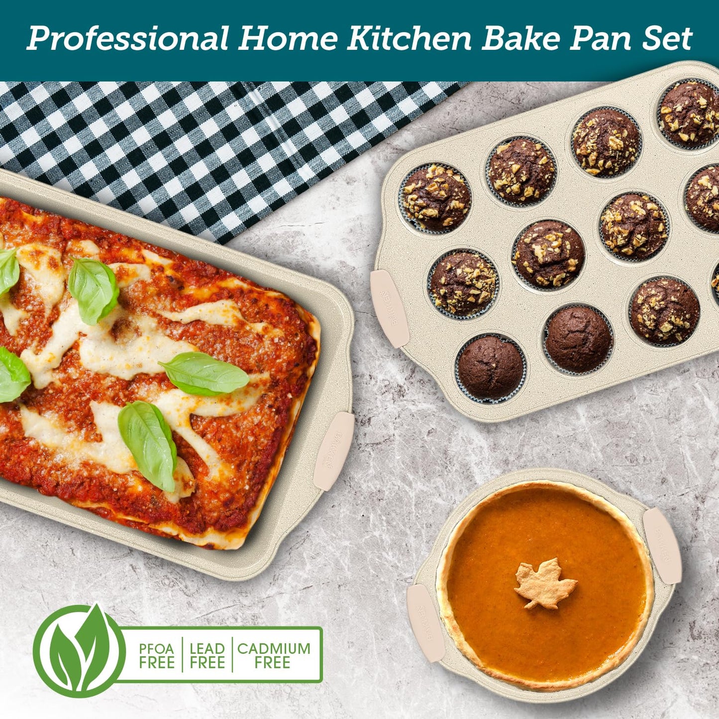 BAKKENMASTER 6-Piece Deluxe Nonstick Baking Pan Set - Professional Grade Carbon Steel Bakeware with White Marble Coating & Silicone Handles