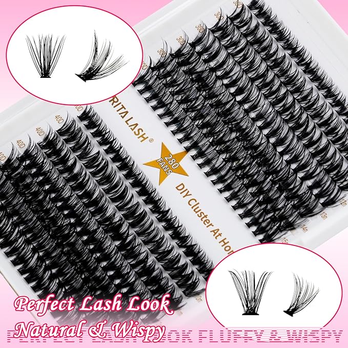 RITALASH Lash Extension Kit 30D+40D DIY Lash Clusters 280pcs Cluster Lashes Individual Lashes Eyelash Extension Kit with Lash Bond and Seal,Lash Tweezers(30D+40D Kit,9-15mm Mixed)