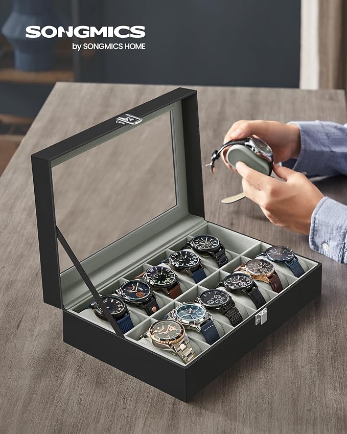 SONGMICS Watch Box, 12-Slot Watch Case Organizer with Large Glass Lid, Removable Pillows, Gift for Loved Ones, Black Synthetic Leather, Gray Lining UJWB12BK