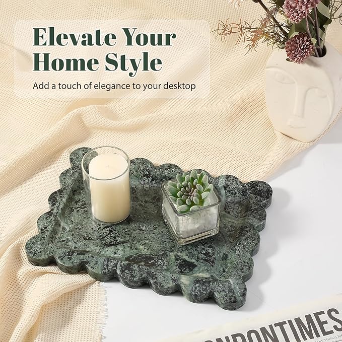 Koville Scalloped Marble Tray, 11"x8" Marble Vanity Tray for Countertop Bathroom Kitchen Dresser, Natural Stone Tray for Jewelry Perfume Home Decor, Decorative Catchall Trays(Green)
